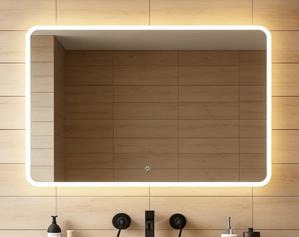 NewThingLine Frameless No LED Dot Uniformed Backlight Bathroom Mirror IP44 with Injection-molded Sandblasted Uniform Backlight for Hotel Projects and Residential Development in Europe Middle East and North America Market