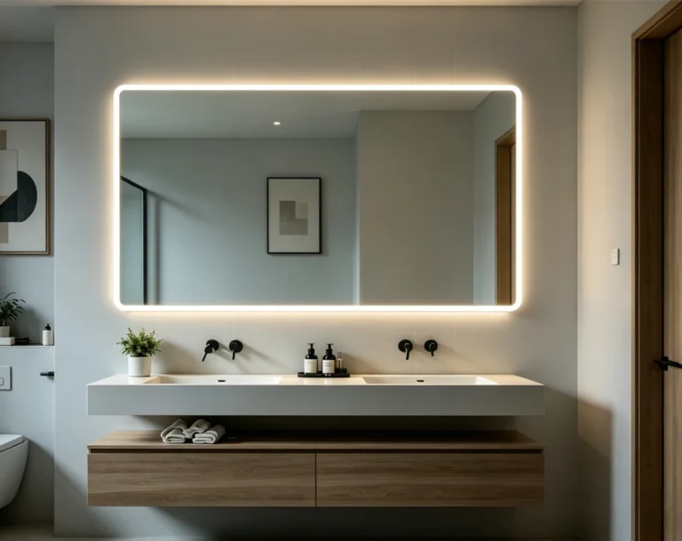 NewThingLine Frameless Bathroom LED Mirror with Injection-molded Sandblasted Uniform Backlight for Hotel Projects and Residential Development in Europe Middle East and North America Market