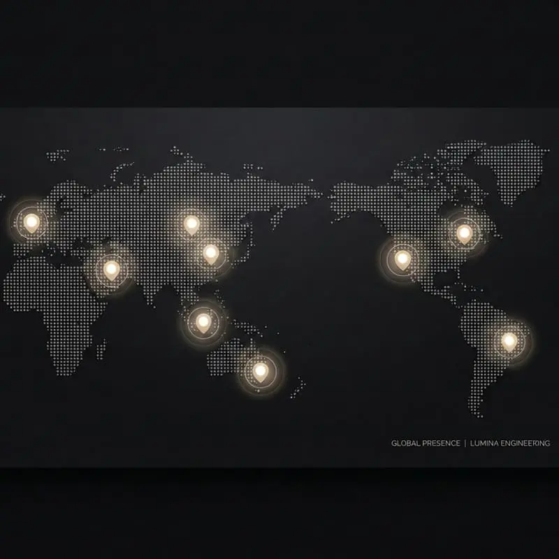 NewThingLine global project footprint map showing LED lighting supply to Dubai, USA, Canada, Europe, and Australia with UL, CE, and SAA certifications.