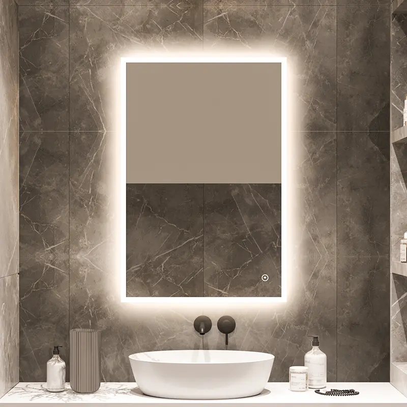 Frameless LED bathroom mirror with uniform front lighting for modern vanity installations.