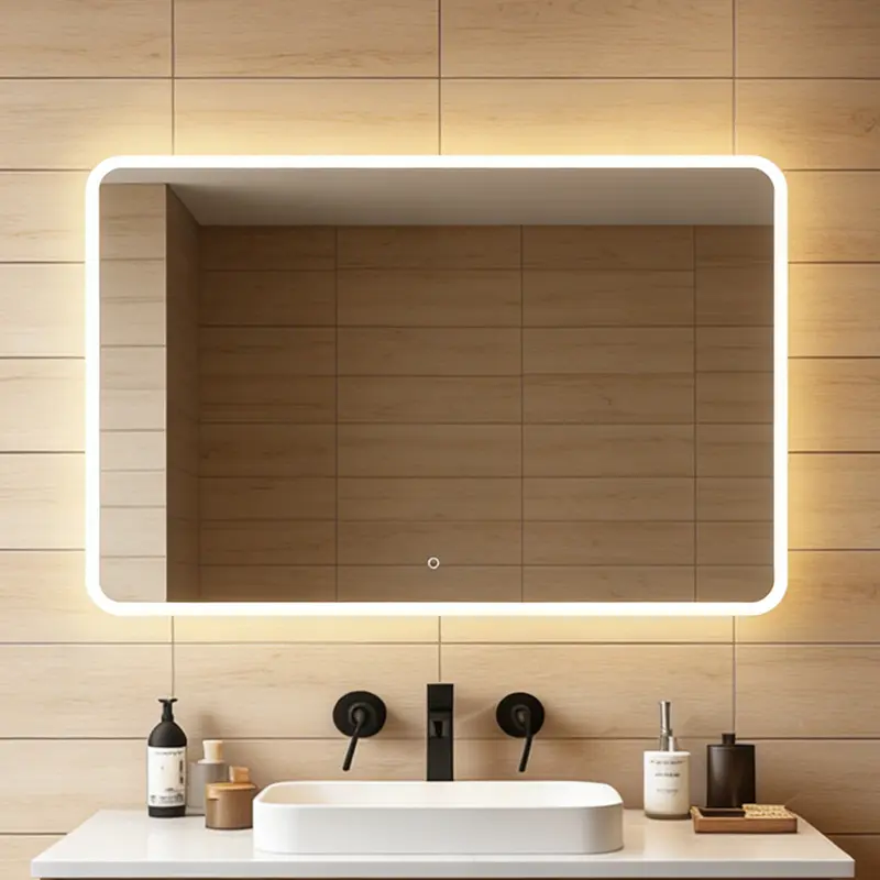 Frontlit and backlit LED bathroom mirror showing dual light zones for project bathrooms.