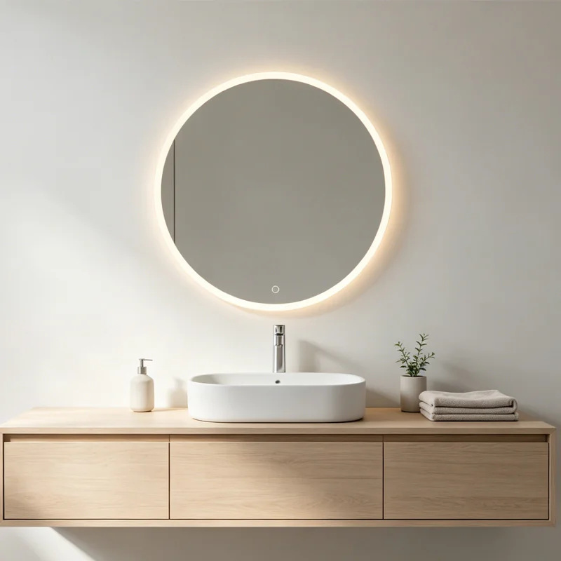 Round halo LED bathroom mirror with frosted edge lighting for residential and hotel projects.
