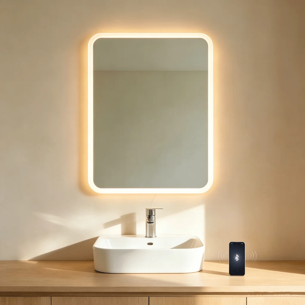 LED smart bathroom mirror with discreet Bluetooth audio integration for residential projects.