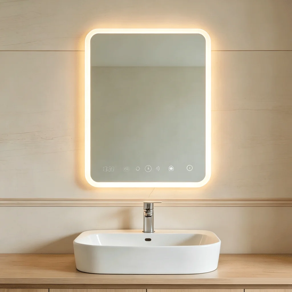 Multi-function smart bathroom mirror showing integrated clock and adjustable LED lighting zones.