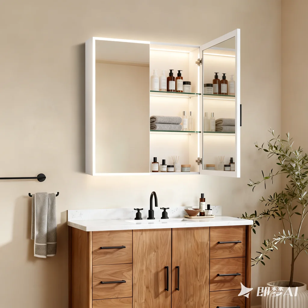 Illuminated smart mirror cabinet combining storage and integrated LED lighting.