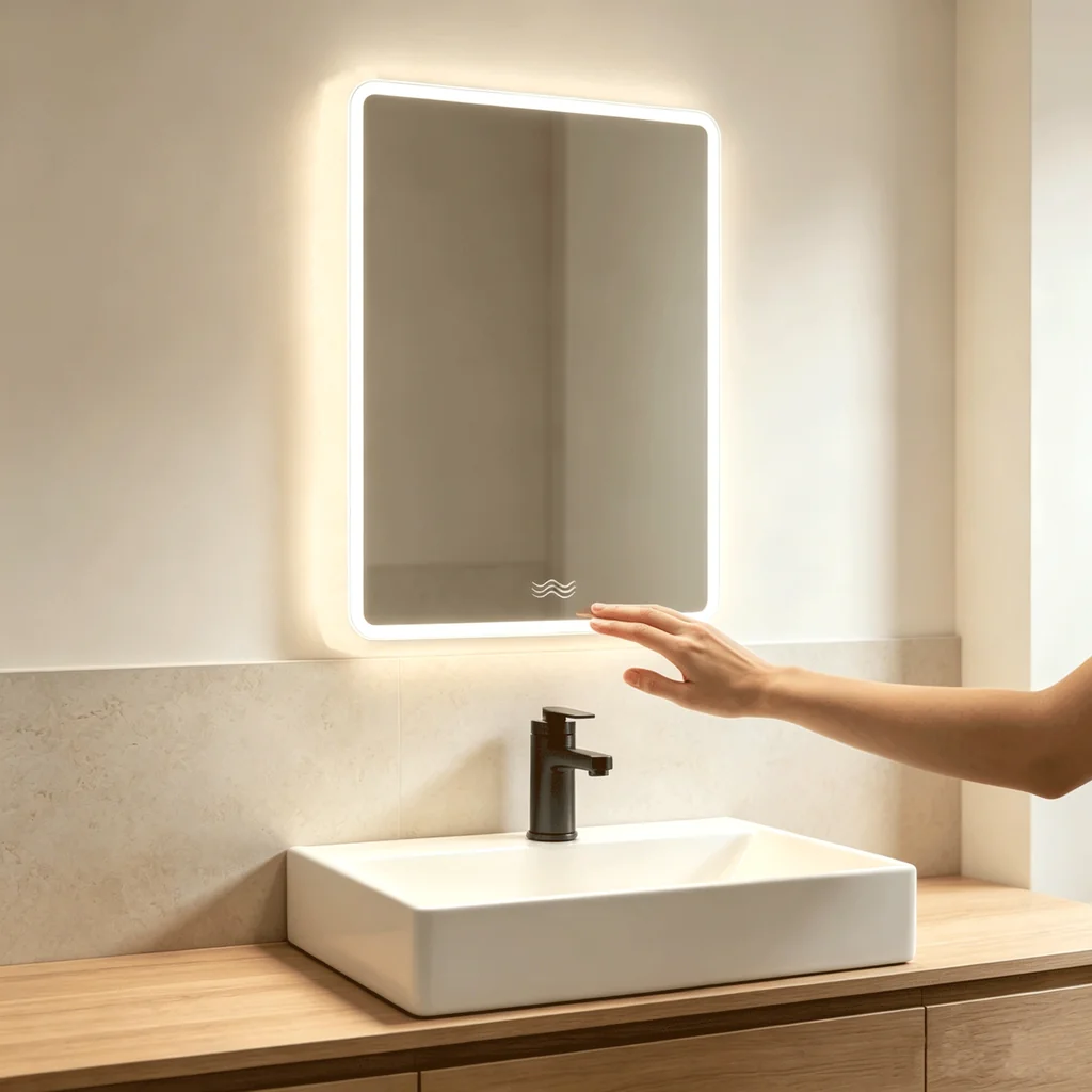 Smart LED bathroom mirror with sensor-activated lighting for hotel and residential bathrooms.