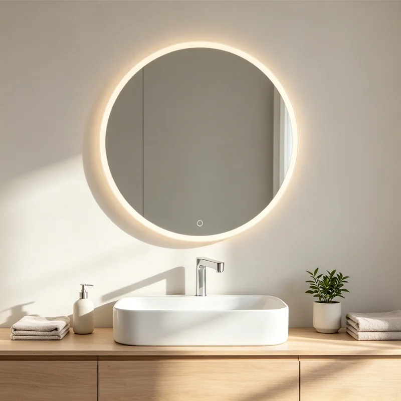 Halo round bathroom LED mirror 602x602 mm with IP44 rating, touch dimming, anti-fog, and adjustable front and back lighting.