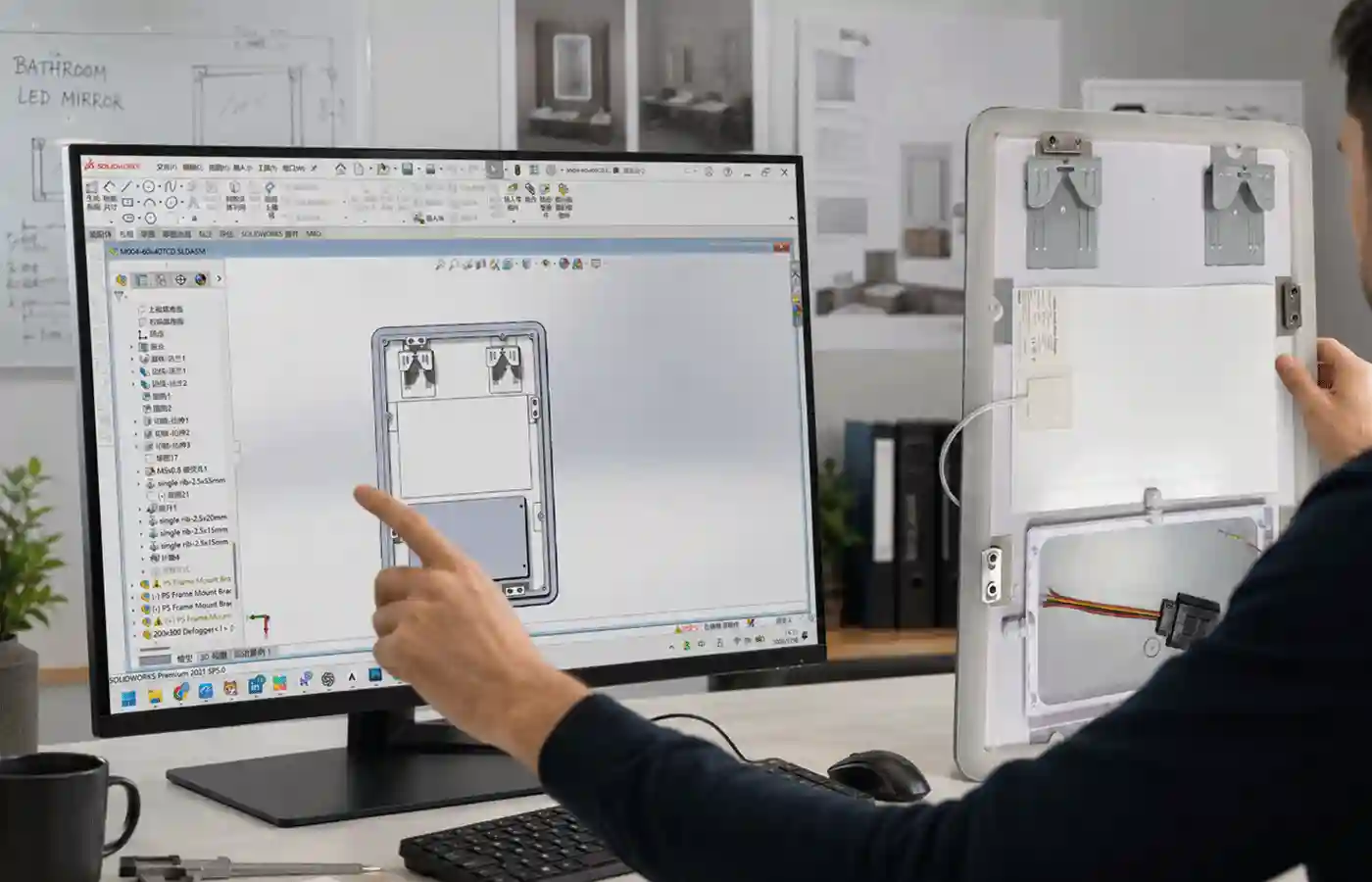 NewThingLine engineer reviewing a bathroom LED mirror design in SolidWorks