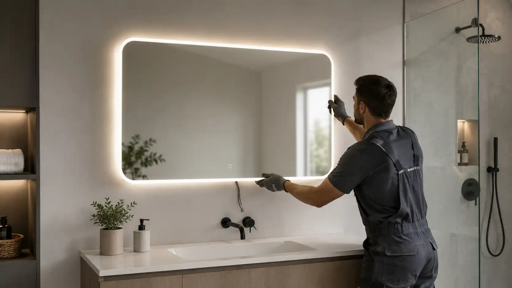 Installation reference diagram for mounting an LED bathroom mirror on a vanity wall.