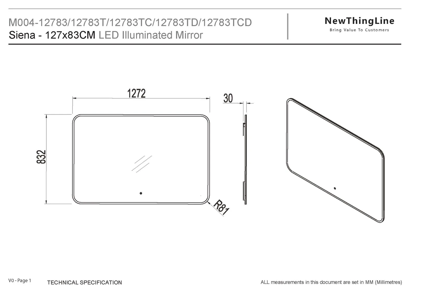 NewThingLine Siena LED Bathroom Mirror 127x83cm dimension drawing