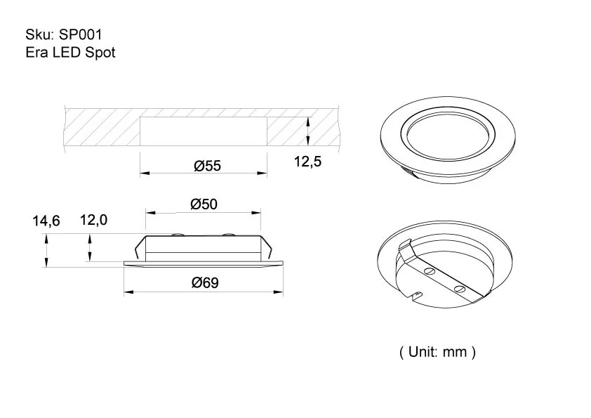 Elin Undercabinet Aluminum LED Spot dimension drawing