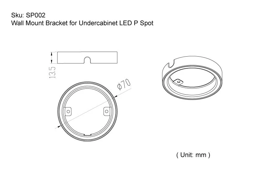 Puro Wall Mount Bracket for Undercabinet LED Spot dimension drawing