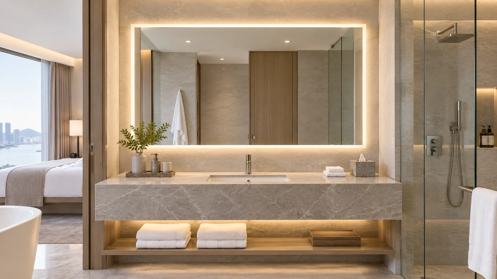 Hotel bathroom mirrors with LED lighting above a guest room vanity