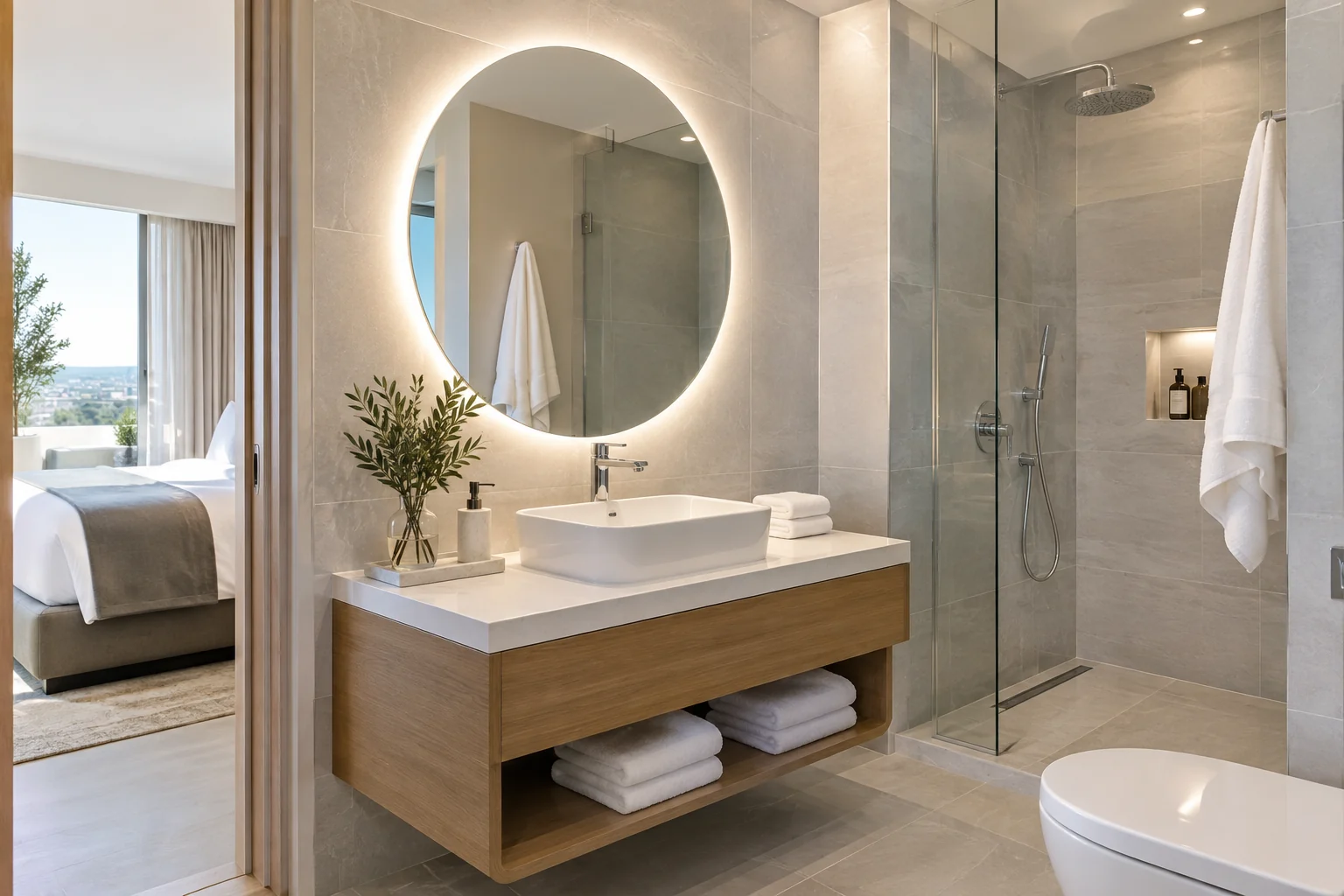 Hotel round LED bathroom mirror for guest room vanity