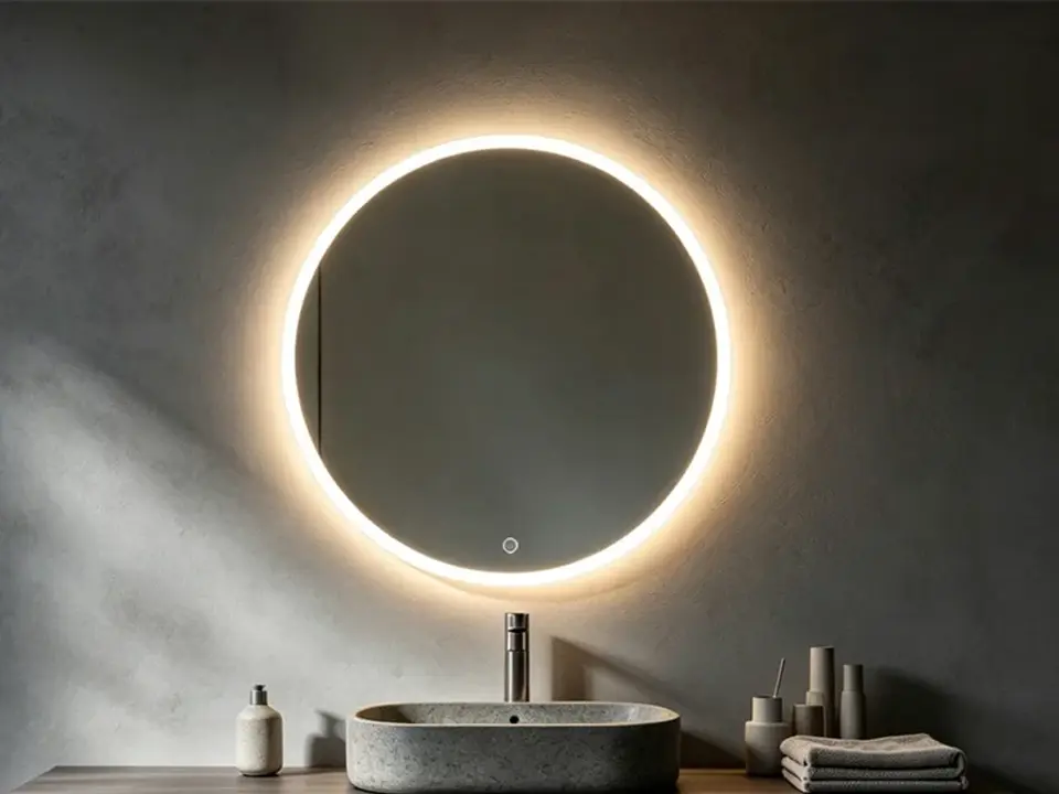 Bathroom LED mirror manufacturer hero image showing a round backlit mirror in a modern bathroom vanity setting