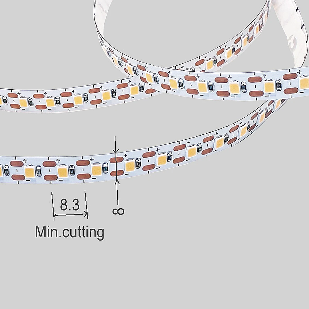 COOLCUT LED Strip 12V LF0105N 8mm width flexible strip showing 8.3mm minimum cutting length