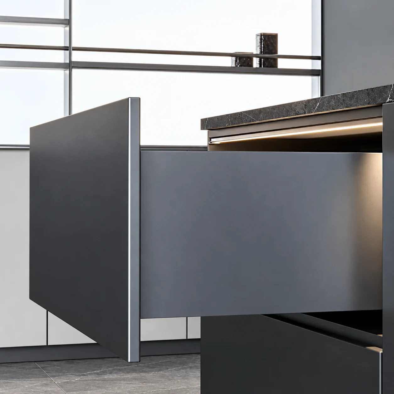 LumiFrost LED light bar installed above an open kitchen drawer