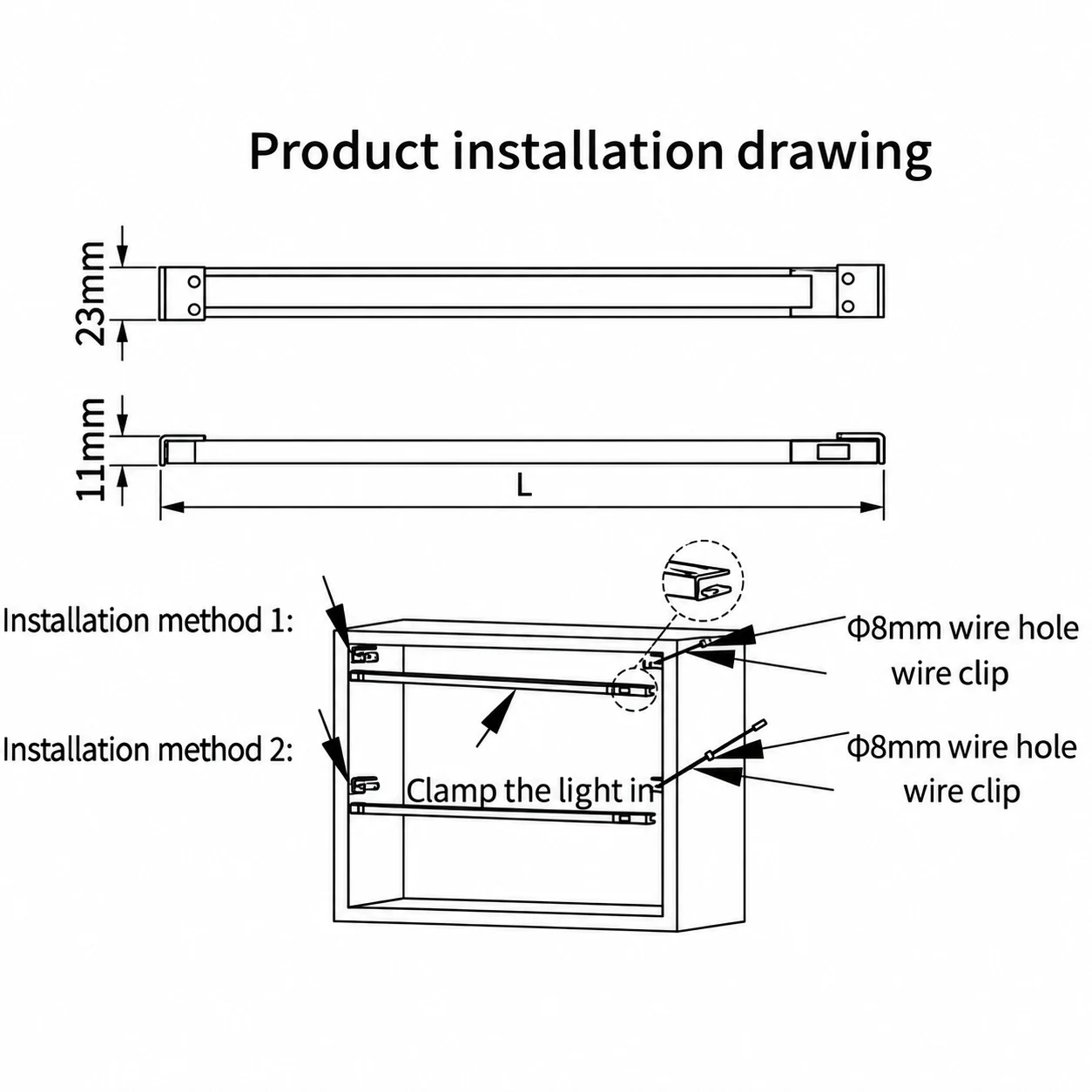 LP2222 LumiFrost drawer LED light bar profile dimensions and clamp installation methods