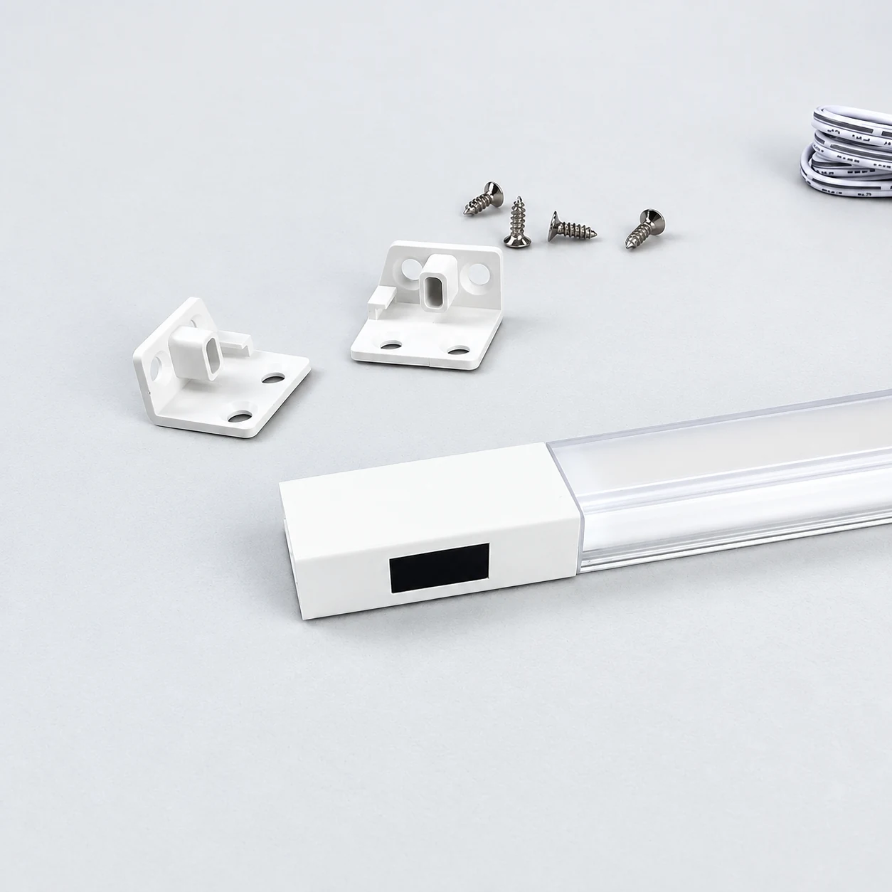 LumiFrost drawer LED light bar profile, sensor end cap and clamp mounting kit