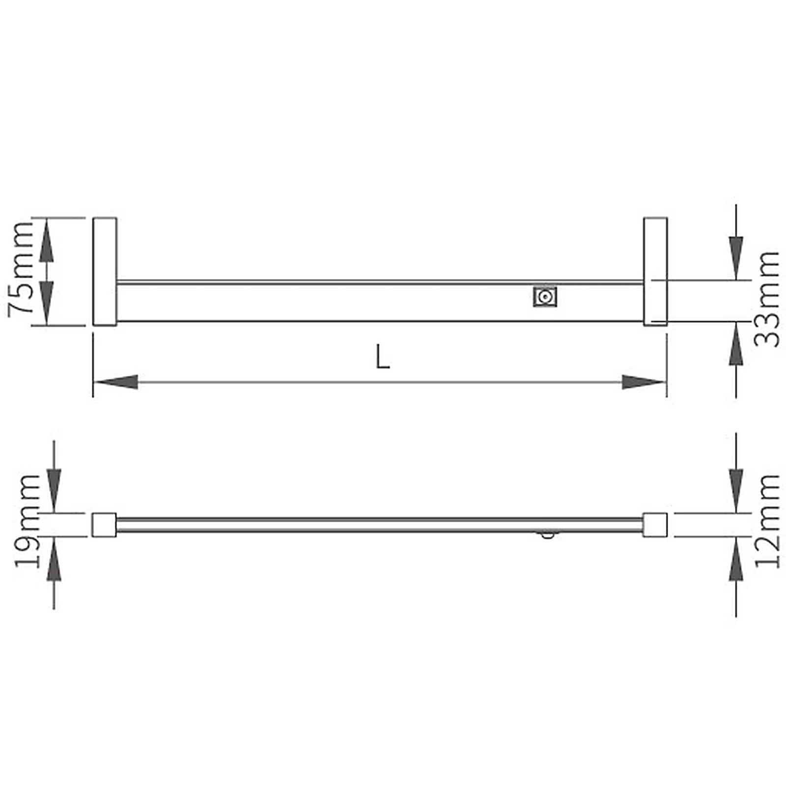Lysstang wardrobe hanger LED profile dimension drawing - end brackets 75 mm high 19 mm deep, profile body 33 x 12 mm, length L