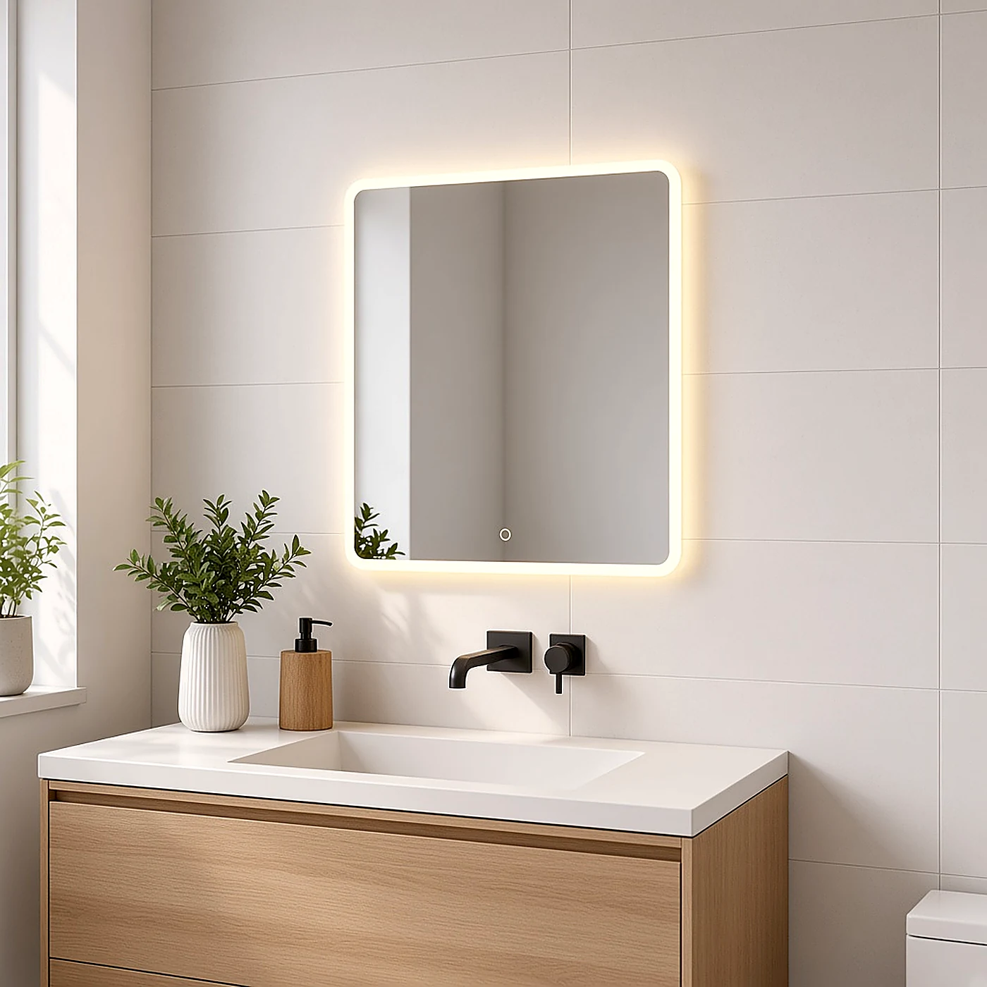 Melbourne LED bathroom mirror application in Scandinavian bathroom with oak accents