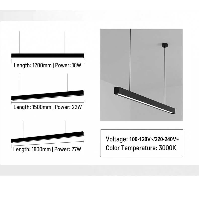 Linear pendant size illustration showing 1200 mm 18 W, 1500 mm 22 W and 1800 mm 27 W options