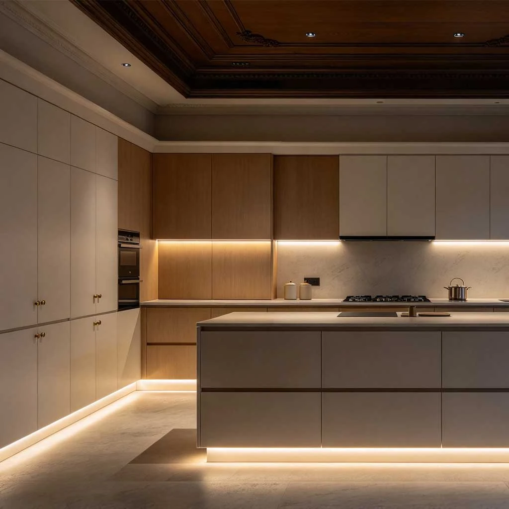 LumaLine EvenGlow application inspiration with warm kitchen undercabinet and plinth lighting