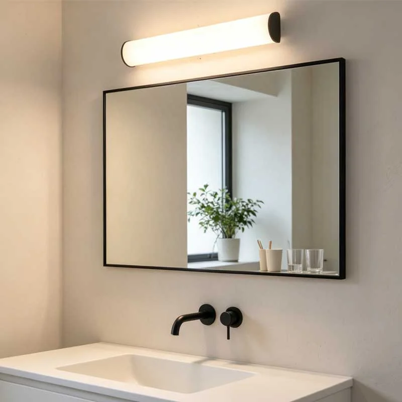 Hotel bathroom lighting application with vanity luminaire above mirror area