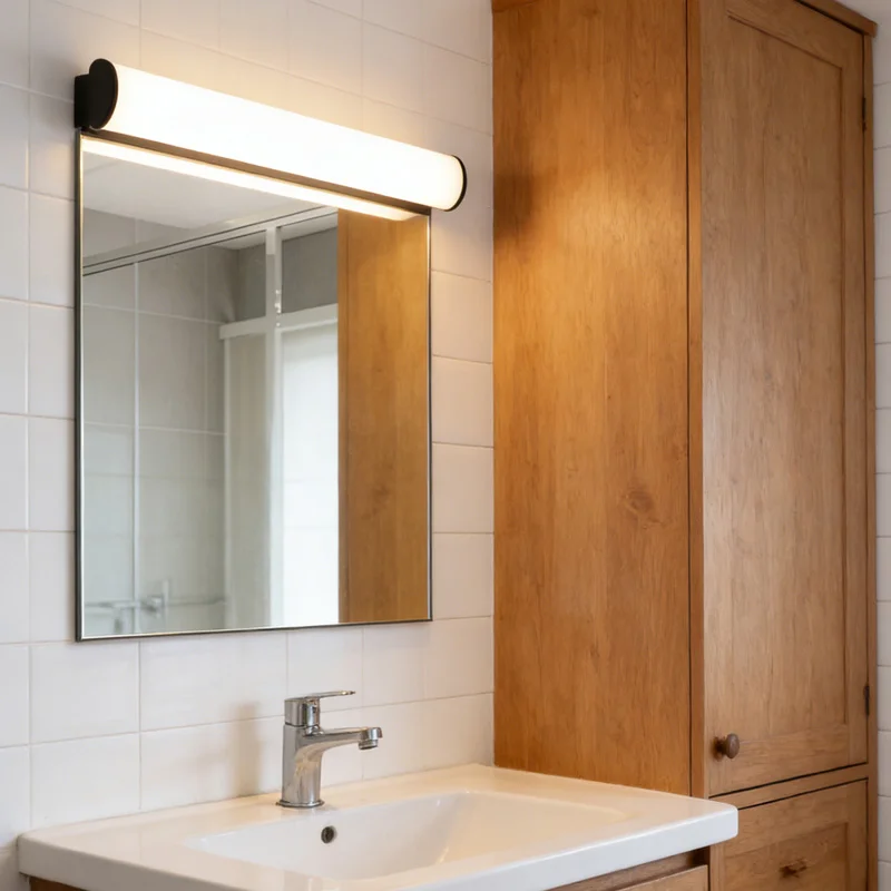 Residential bathroom lighting scene with wall luminaire and vanity mirror light