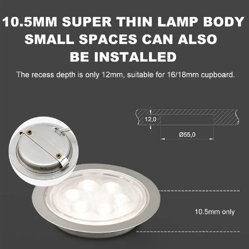 Kitchen cabinet lighting application with LED spots illuminating work surfaces