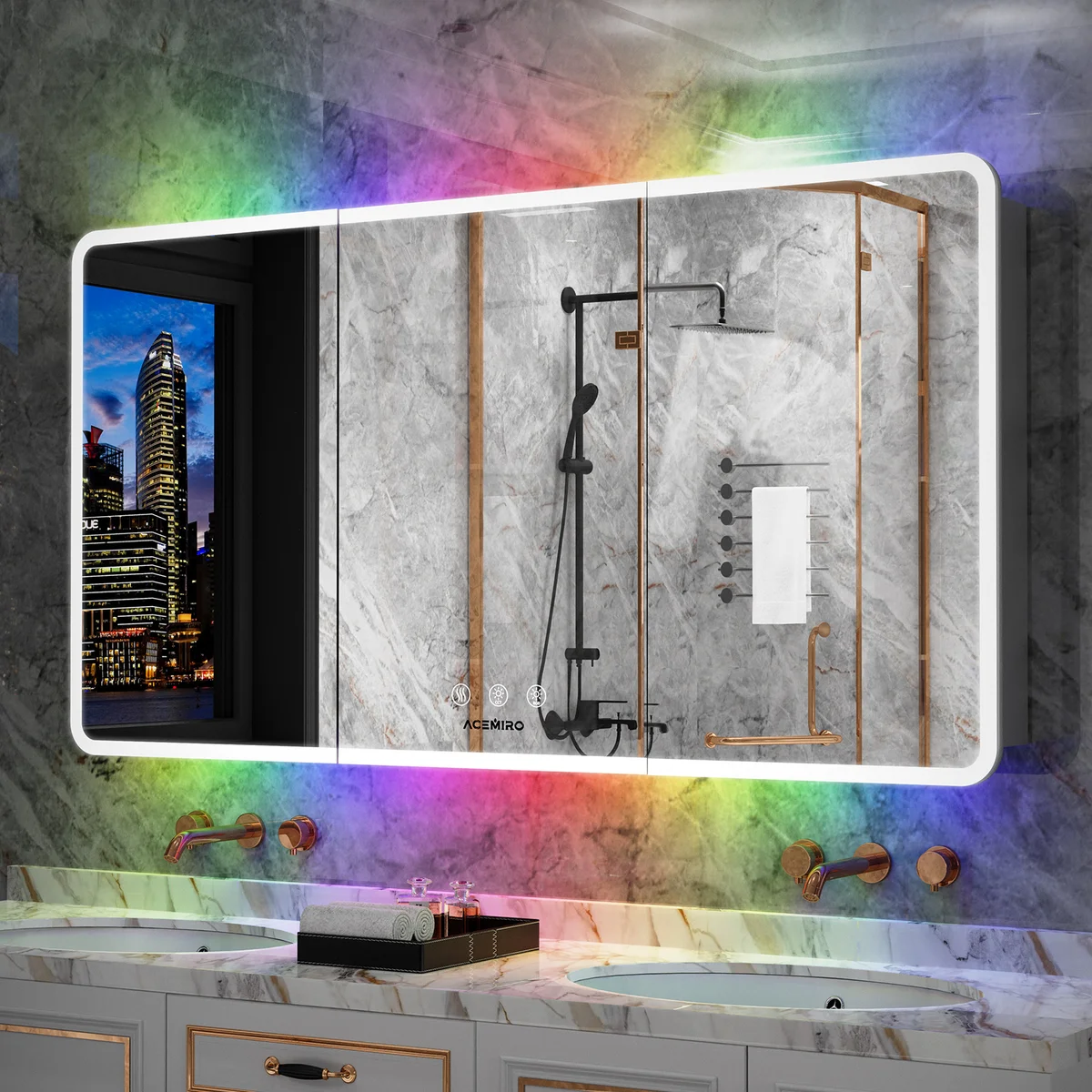 Mirror cabinet installed in a hotel bathroom vanity with integrated LED lighting