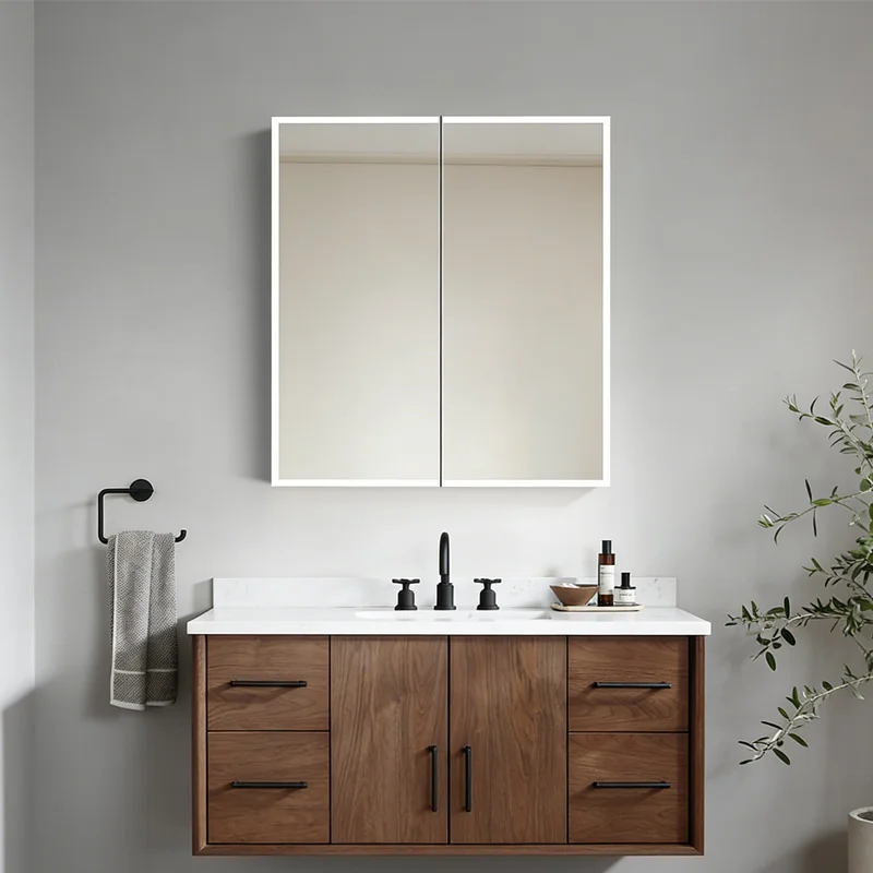 Residential bathroom mirror cabinet application with storage and mirror lighting