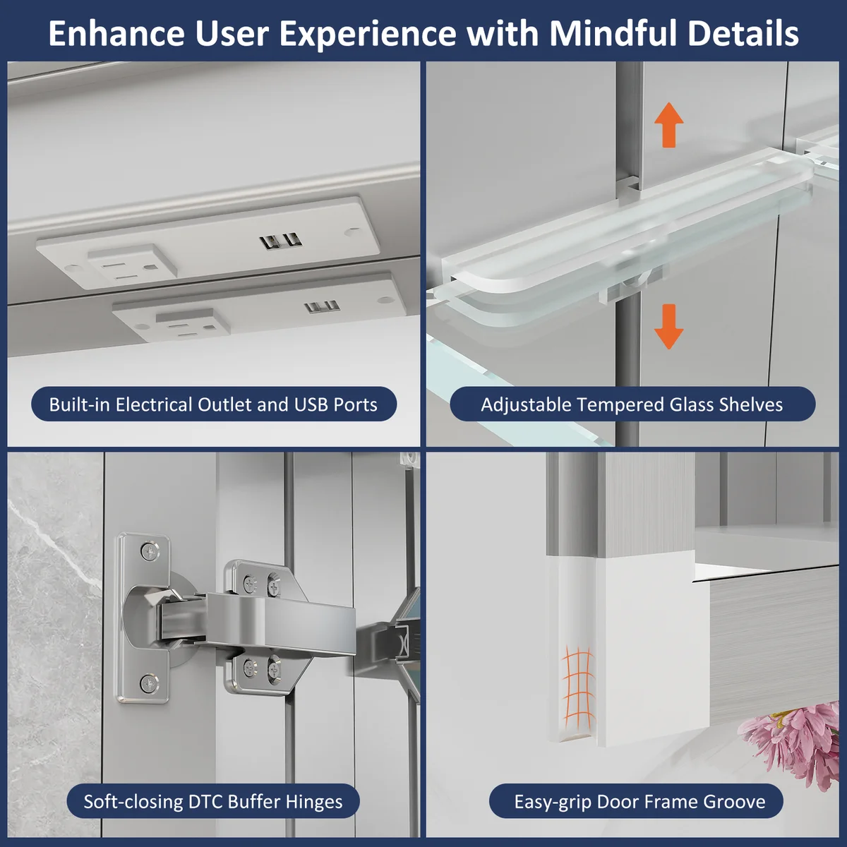 Bathroom mirror cabinet with shaving socket and USB port for hotel bathroom upgrades