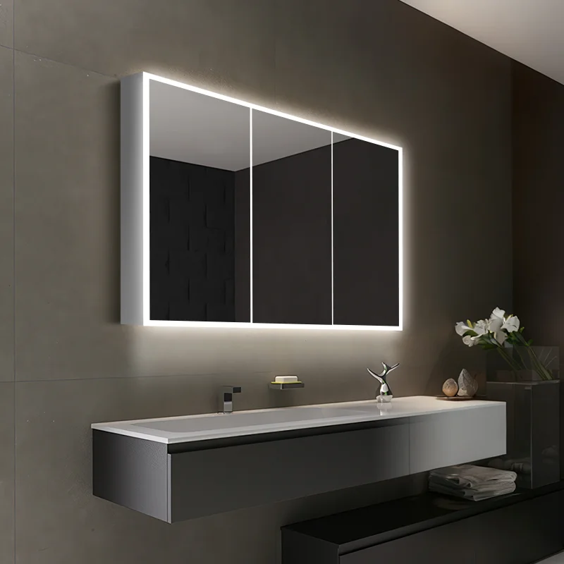 Hotel bathroom mirror cabinet with LED lighting and integrated storage design
