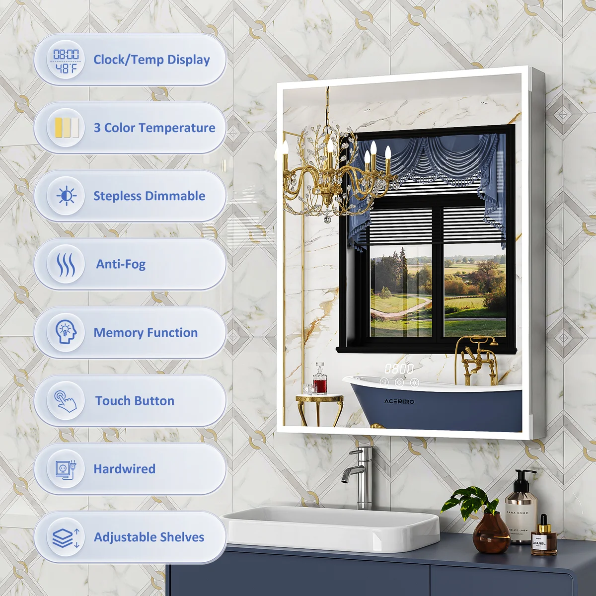 Wall mounted bathroom medicine cabinet with mirror and LED illumination