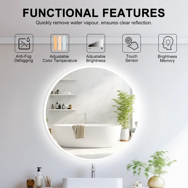 IP44 splash-protection detail on Halo round LED bathroom mirror - safe for bathroom zones with moisture exposure and daily shower use.