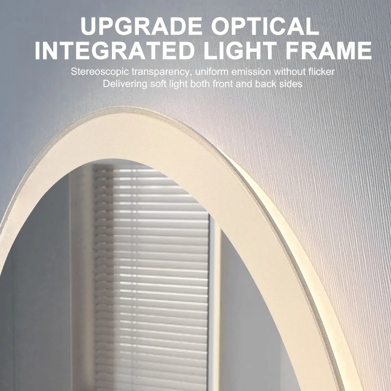 Frosted edge and copper-free mirror glass detail on Halo round LED mirror - frameless Scandinavian design for safer bathroom installations.
