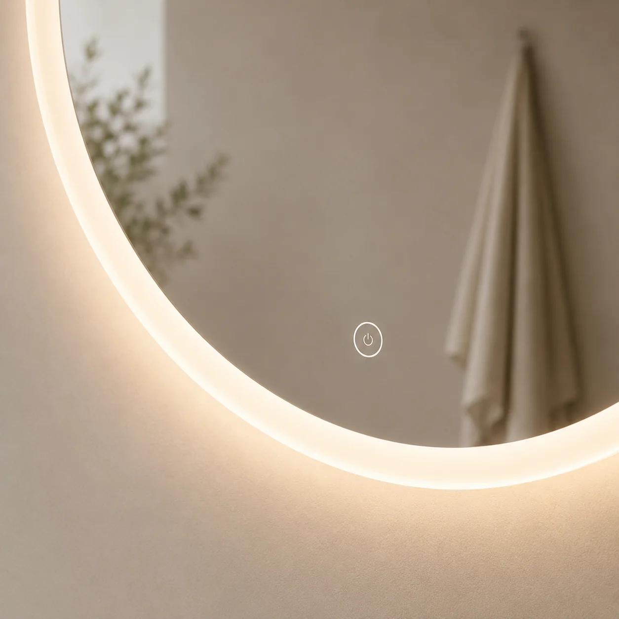 Touch dimming sensor on Halo round LED bathroom mirror - adjust brightness with integrated touch control and memory function for modern vanity use.