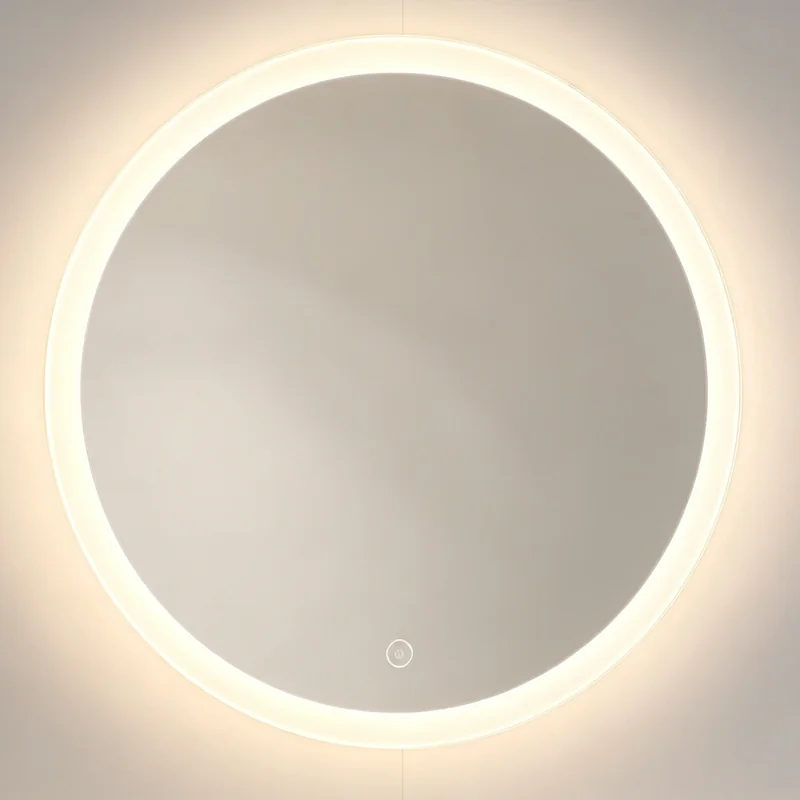 Halo round bathroom LED mirror 602x602 mm with IP44 rating, touch dimming, anti-fog, and 3000-6500K adjustable front and back lighting for Scandinavian bathrooms.