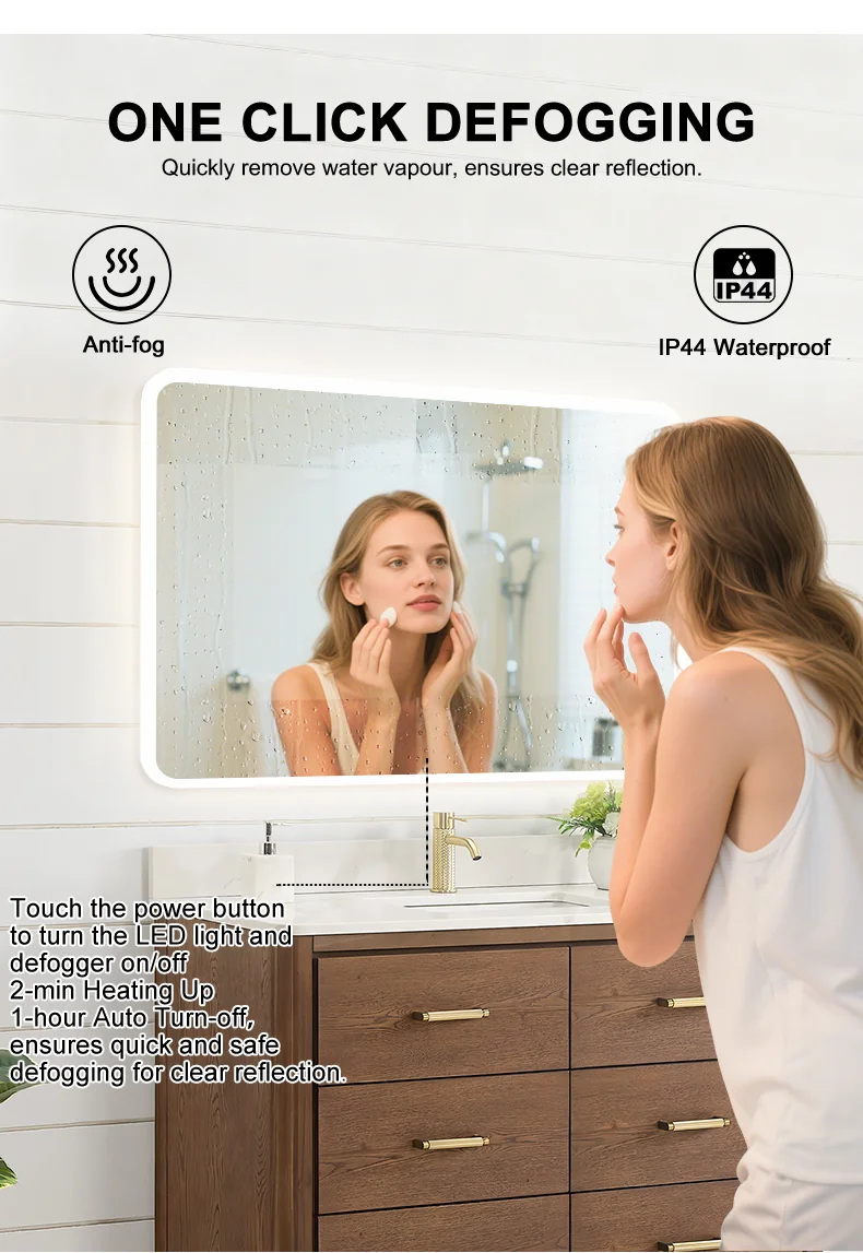 Anti-Fog Defogger Feature Anti-fog defogger detail on Siena bathroom LED mirror - PET heating film clears mirror surface after shower use.