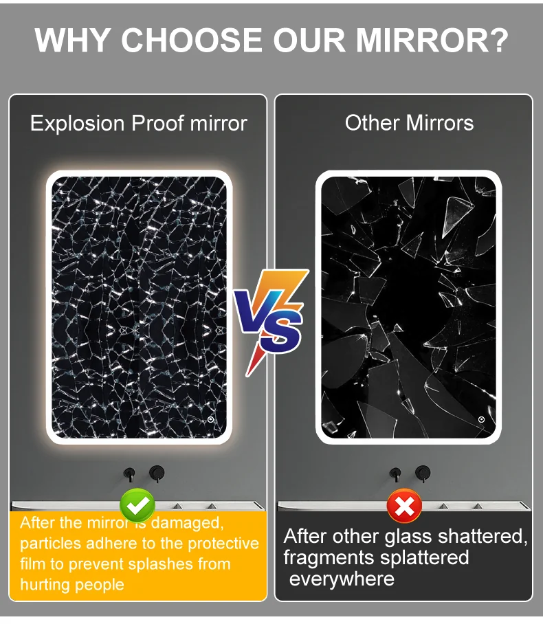 Shatter-Proof Mirror Glass Detail Shatter-proof safety glass detail on Siena LED mirror - copper-free mirror glass for safer bathroom installations.