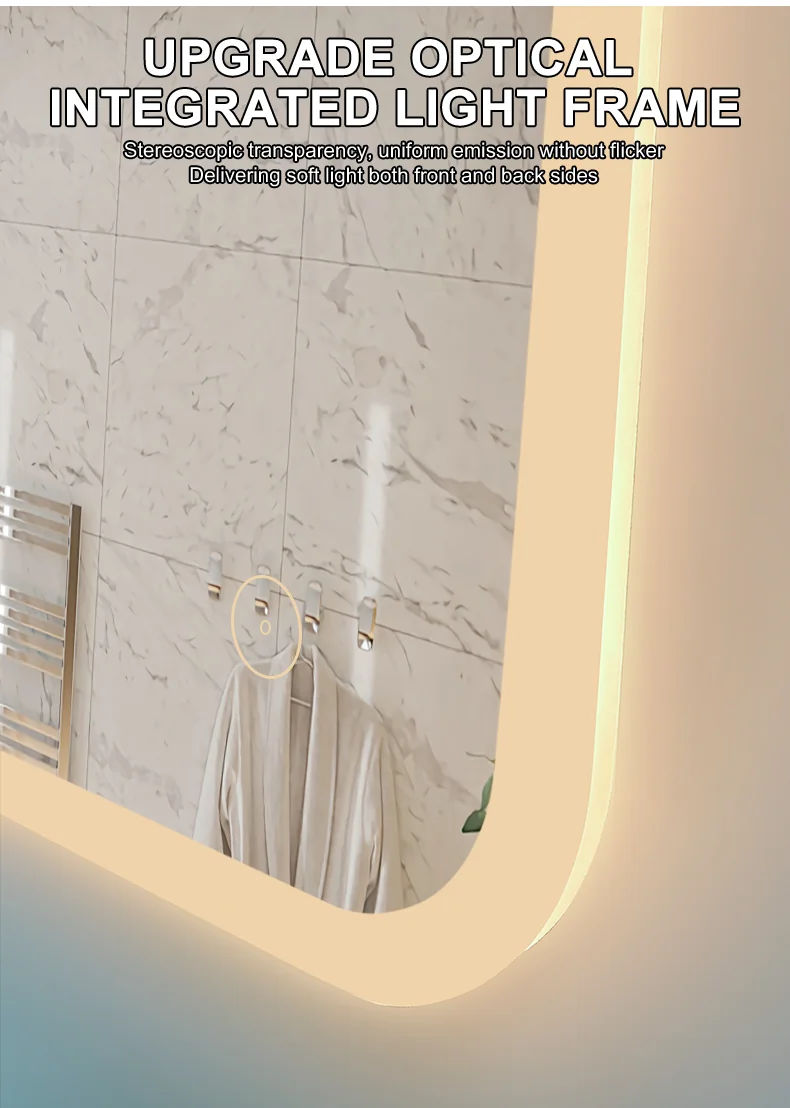Touch Dimming Switch Detail Touch dimming switch on Siena LED bathroom mirror - adjust brightness levels with integrated touch sensor control.