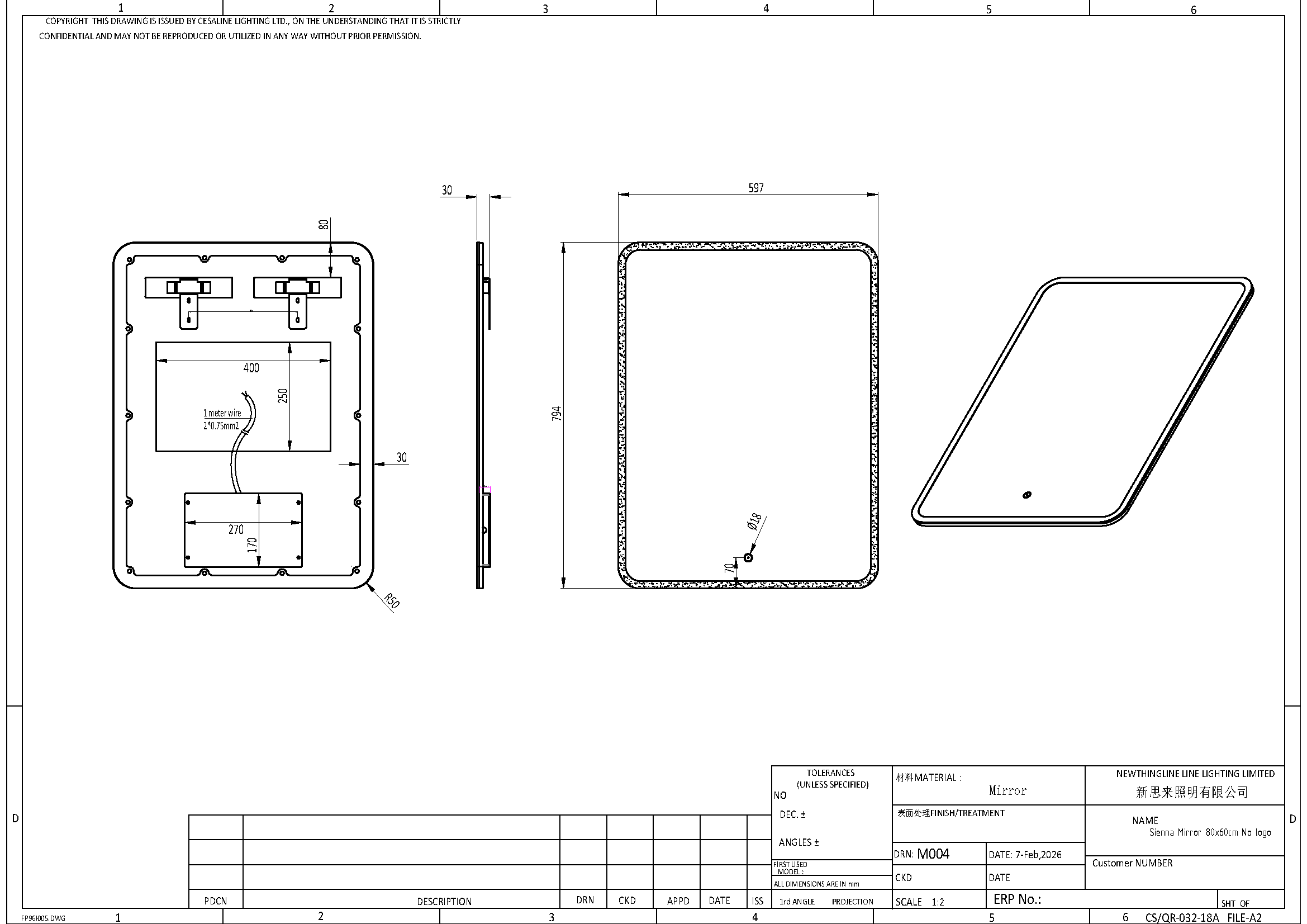Technical dimension drawing for Siena Bathroom LED Mirror M004-6080TCD - 600x800x30 mm product outline.
